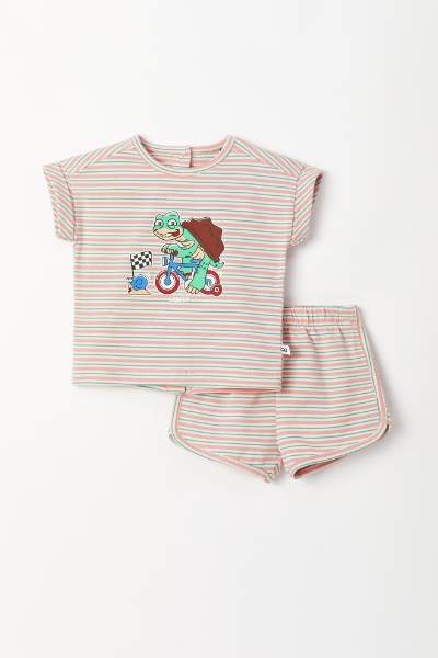 Resim Pamuklu Kız Bebek Pijama-Pzg - 917-Kaplumbağa Temalı Çizgili Pembe