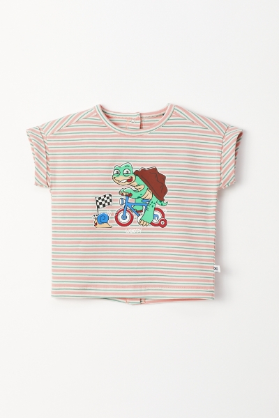 Resim Pamuklu Kız Bebek Pijama-Pzg - 917-Kaplumbağa Temalı Çizgili Pembe