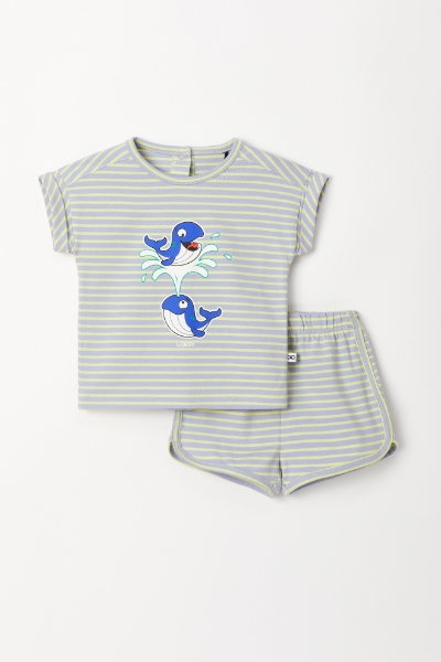 Resim Pamuklu Kız Bebek Pijama-Pzg - 916-Balina Temalı Çizgili Mavi