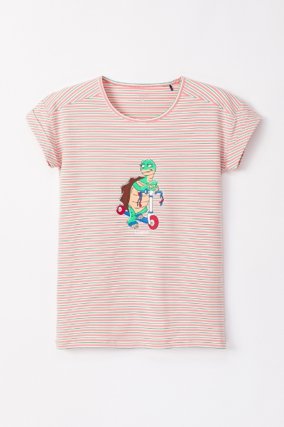 Resim Kadın Pijama-Pzg - 917-Kaplumbağa Temalı Çizgili Pembe