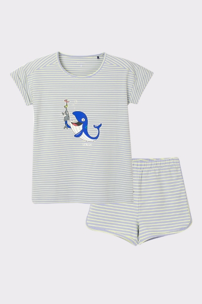 Kadın Pijama-Pzg - 916-Balina Temalı Çizgili Mavi