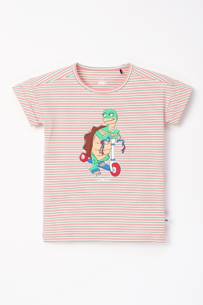 Resim 10-16 Yaş Kız Çocuk Pijama-Pzg - 917-Kaplumbağa Temalı Çizgili Pembe