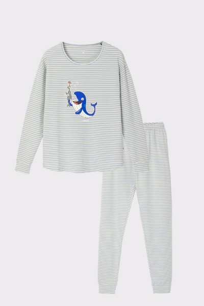 Resim Kadın Pijama-Pzb - 916-Balina Temalı Çizgili Mavi