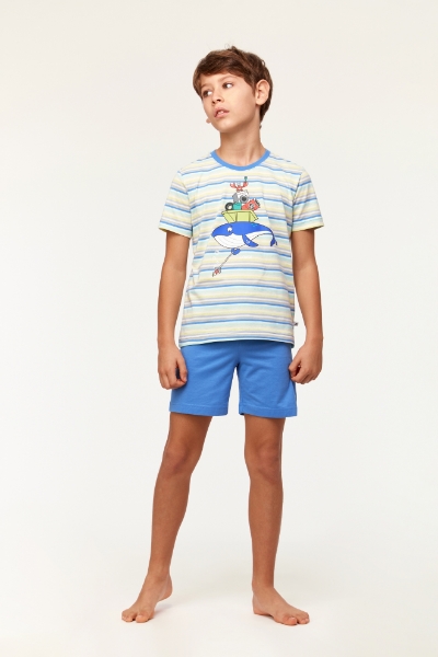 10-16 Yaş Erkek Çocuk Pijama-Pss - 904-Balina Temalı Çizgili Mavi