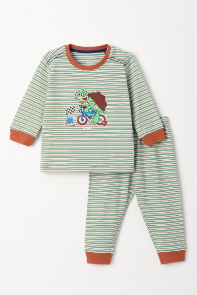 Resim Pamuklu Erkek Bebek Pijama-Plc - 914-Kaplumbağa Temalı Çizgili Turuncu