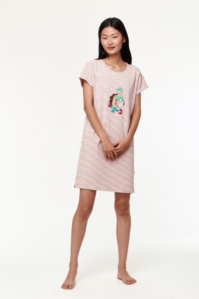 Resim Kadın Gecelik-Dza - 917-Kaplumbağa Temalı Çizgili Pembe