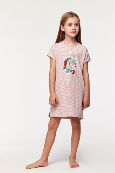 Resim 2-8 Kız Çocuk Gecelik-Dza - 917-Kaplumbağa Temalı Çizgili Pembe