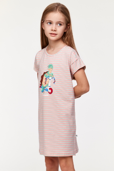 Resim 2-8 Kız Çocuk Gecelik-Dza - 917-Kaplumbağa Temalı Çizgili Pembe