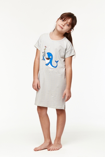 Resim 2-8 Kız Çocuk Gecelik-Dza - 916-Balina Temalı Çizgili Mavi