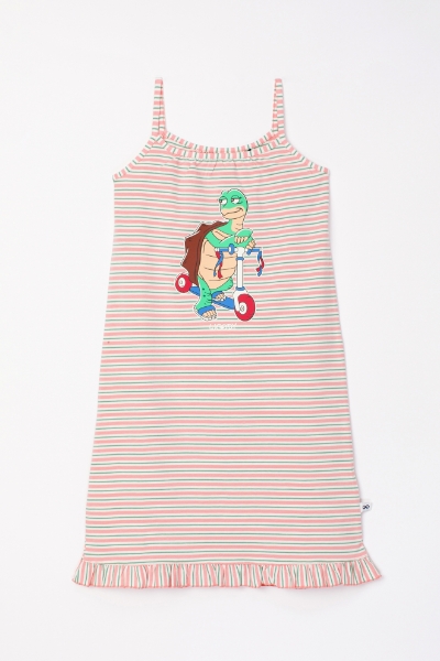 Resim 10-16 Kız Çocuk Gecelik-Dzb - 917-Kaplumbağa Temalı Çizgili Pembe