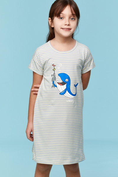 Resim 10-16 Kız Çocuk Gecelik-Dza - 916-Balina Temalı Çizgili Mavi