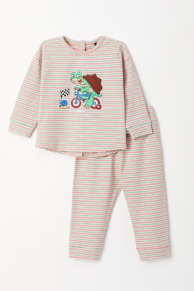 Resim Pamuklu Kız Bebek Pijama-Pzb - 917-Kaplumbağa Temalı Çizgili Pembe