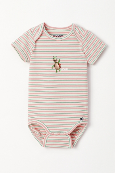 Resim Pamuklu Bebek Body-Res - 917-Kaplumbağa Temalı Çizgili Pembe