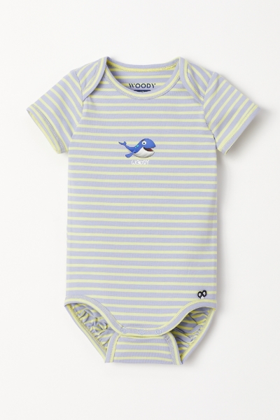 Resim Pamuklu Bebek Body-Res - 916-Balina Temalı Çizgili Mavi