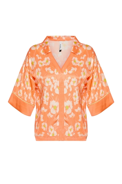 Resim V Dekolteli Saten Bluz-Xxd - 996-Çiçek Baskılı