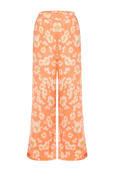 Resim Bel Detaylı  Saten Pantolon-Xxc - 996-Çiçek Baskılı