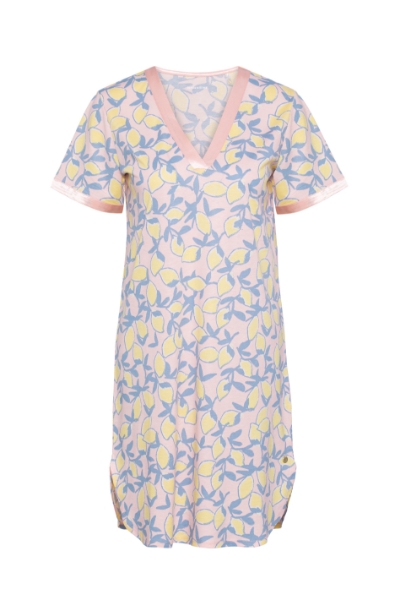 Resim V Yaka Yırtmaçlı Elbise-Xdf - 985-Limon Baskılı Yeşil