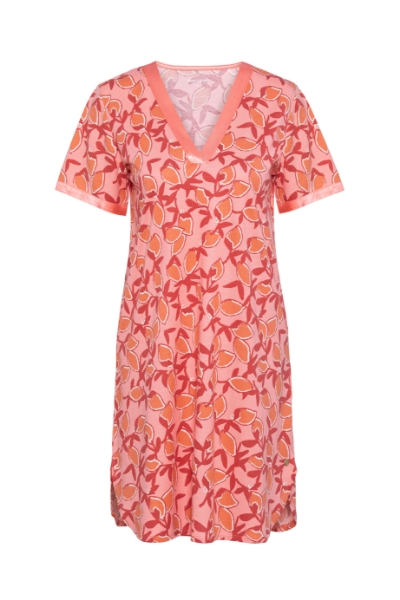 Resim V Yaka Yırtmaçlı Elbise-Xdf - 984-Limon Baskılı Turuncu