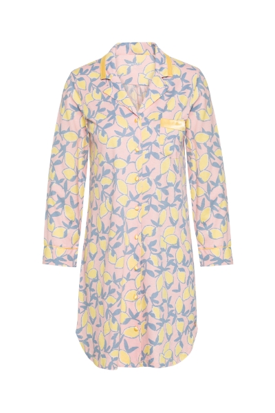 Resim Boydan Düğmeli Uzun Kollu Elbise-Xdh - 985-Limon Baskılı Yeşil