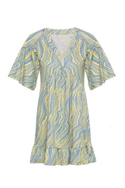 Resim V Yaka Dökümlü Elbise-Xdd - 983-Ebruli Desenli Mavi