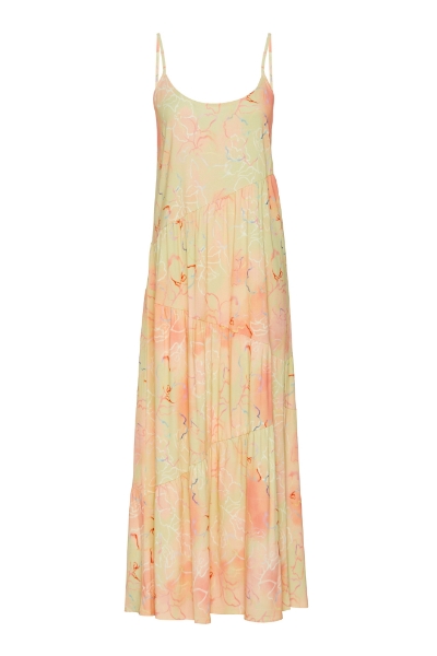 Resim İp Askılı Viskon Uzun Elbise-Tdj - 995-Karışık Desenli Pembe