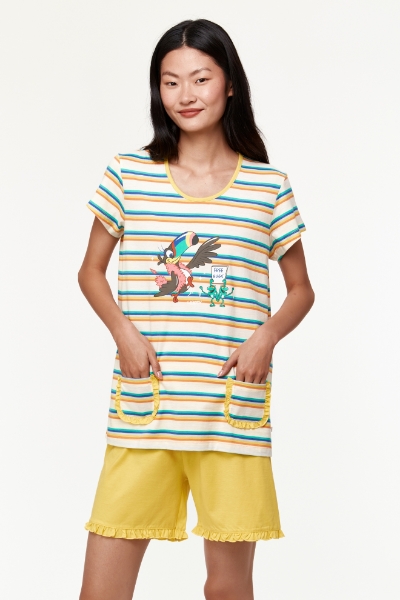 Resim Kadın Pijama-Psg - 908-Tukan Temalı Çizgili Mavi