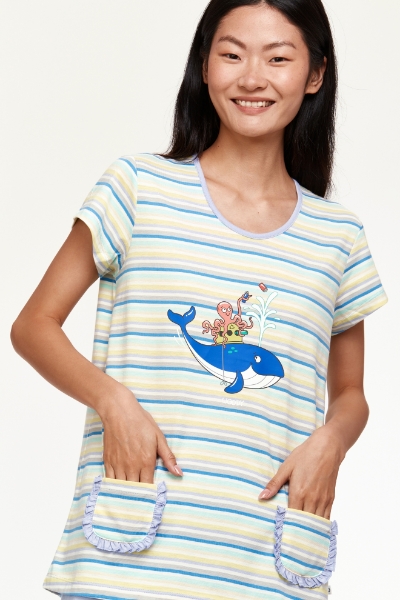 Resim Kadın Pijama-Psg - 904-Balina Temalı Çizgili Mavi