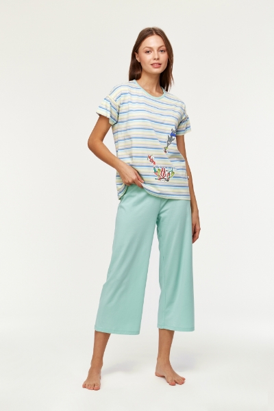 Resim Kadın Pijama-Bsk - 904-Balina Temalı Çizgili Mavi