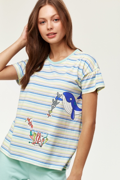 Resim Kadın Pijama-Bsk - 904-Balina Temalı Çizgili Mavi