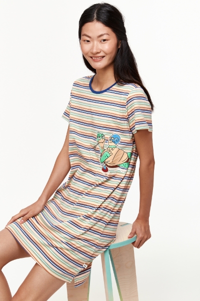 Resim Kadın Gecelik-Tsl - 906-Kaplumbağa Temalı Çizgili Turuncu