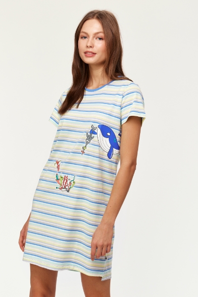 Resim Kadın Gecelik-Tsl - 904-Balina Temalı Çizgili Mavi