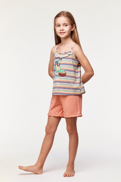 Resim 2-8 Yaş Kız Çocuk Pijama-Psp - 906-Kaplumbağa Temalı Çizgili Turuncu