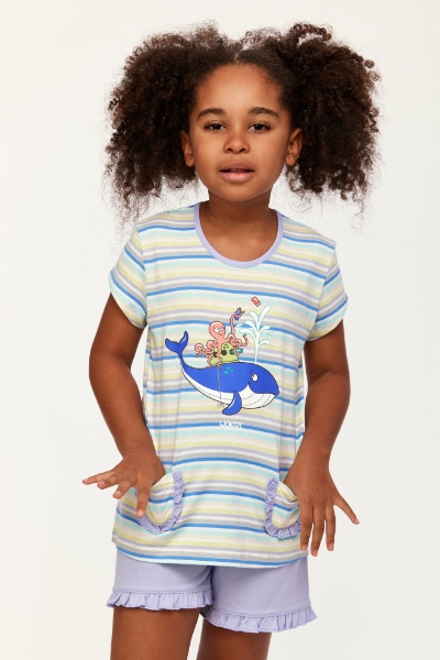 Resim 2-8 Yaş Kız Çocuk Pijama-Psg - 904-Balina Temalı Çizgili Mavi