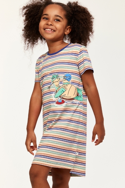 Resim 2-8 Yaş Kız Çocuk Gecelik-Tsl - 906-Kaplumbağa Temalı Çizgili Turuncu
