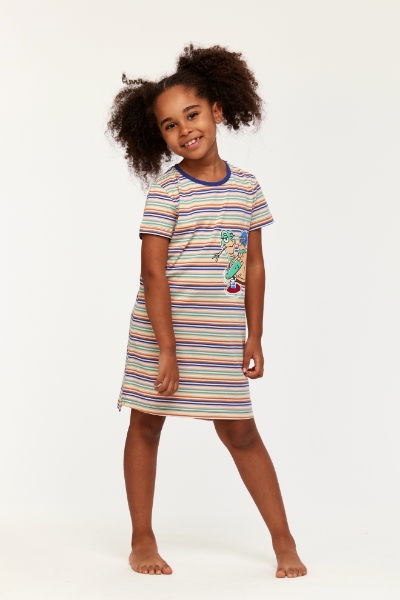 Resim 10-16 Yaş Kız Çocuk Gecelik-Tsl - 906-Kaplumbağa Temalı Çizgili Turuncu