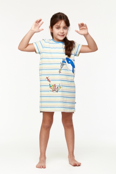Resim 2-8 Yaş Kız Çocuk Gecelik-Tsl - 904-Balina Temalı Çizgili Mavi