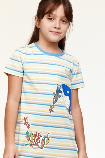 Resim 2-8 Yaş Kız Çocuk Gecelik-Tsl - 904-Balina Temalı Çizgili Mavi