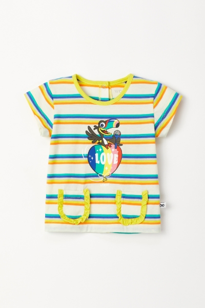 Resim Pamuklu Kız Bebek Pijama-Psg - 908-Tukan Temalı Çizgili Mavi