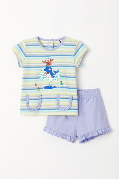 Resim Pamuklu Kız Bebek Pijama-Psg - 904-Balina Temalı Çizgili Mavi