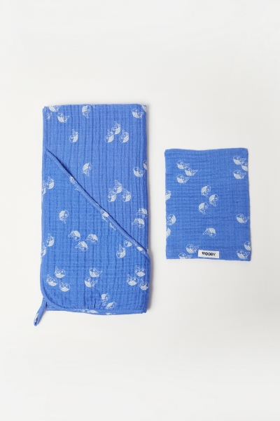 Resim Müslin Bebek Banyo Havlusu-Cap - 938-Balina Baskılı Mavi