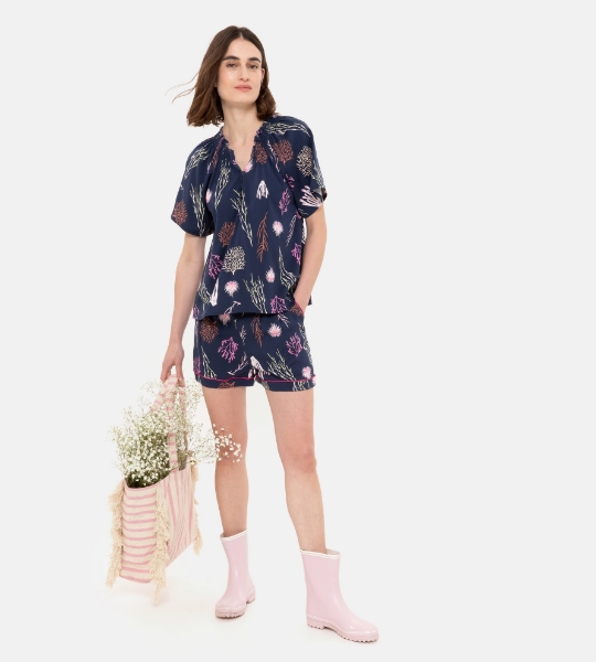 Resim Viskoz şort-Tlj - 995-Lacivert Çiçek Desen