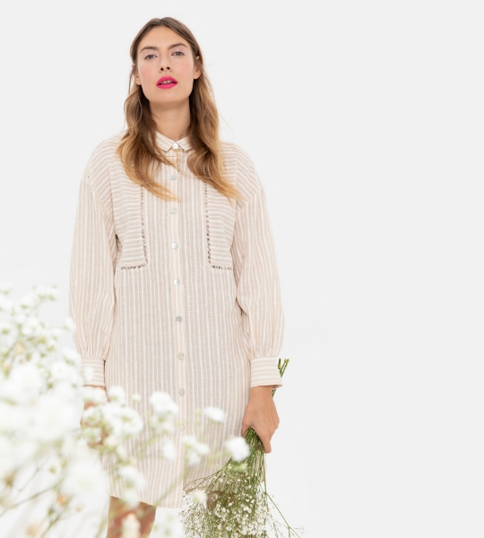 Resim Gömlek elbise-Tdh - 983-Kum Rengi