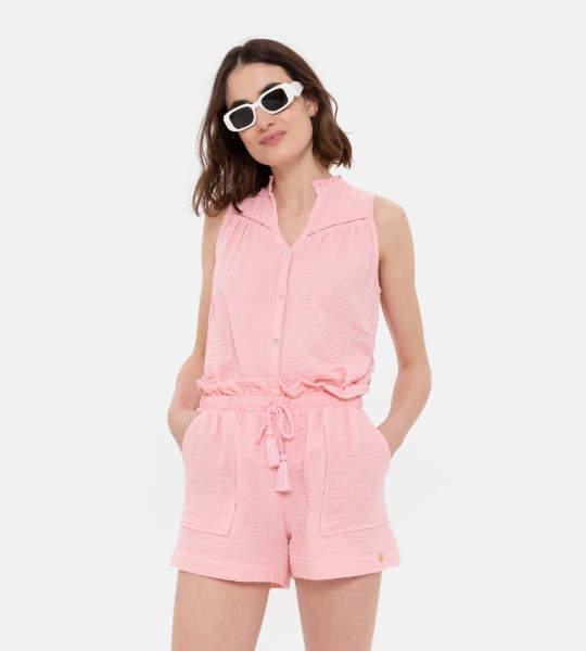 Resim Hakim yaka önden düğmeli bluz-Tld - 424-Şeker Pembe