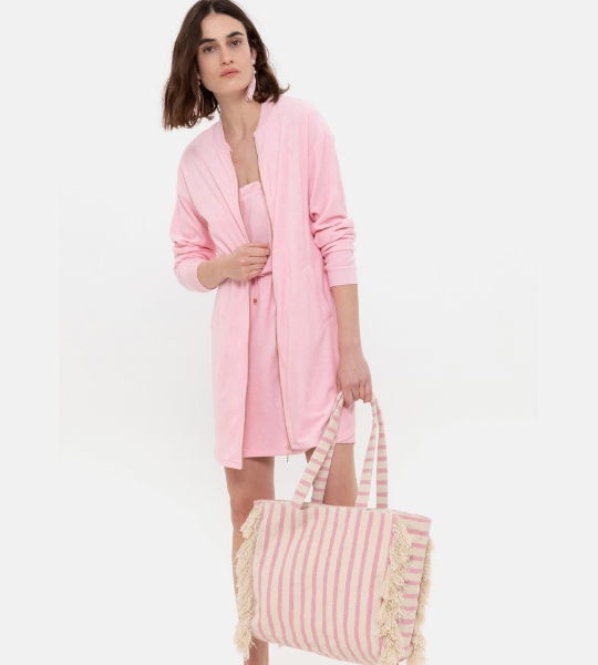 Resim Fermuar detaylı havlu bornoz-Thf - 424-Şeker Pembe