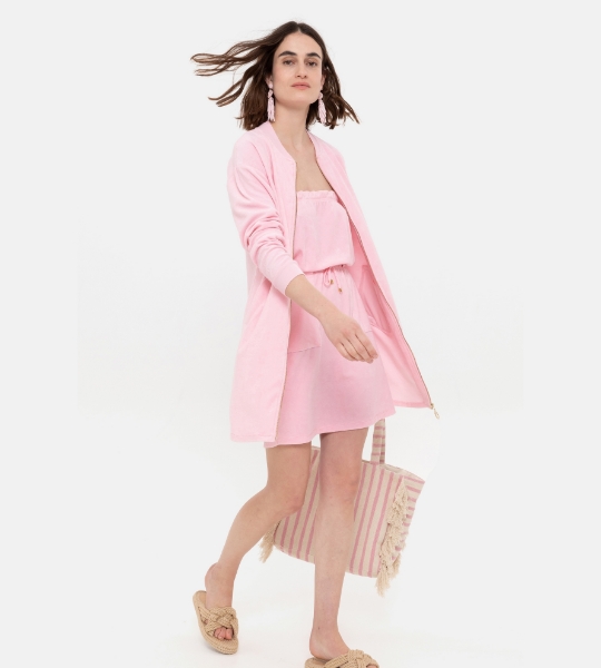 Resim Fermuar detaylı havlu bornoz-Thf - 424-Şeker Pembe