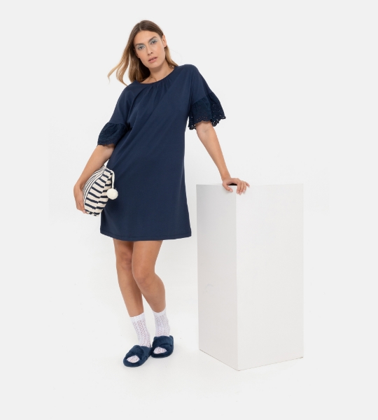 Resim Nervür detaylı düşük kol elbise-Xdd - 895-Deniz Kuşu Temalı Lacivert