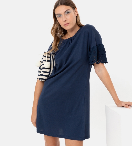 Resim Nervür detaylı düşük kol elbise-Xdd - 895-Deniz Kuşu Temalı Lacivert