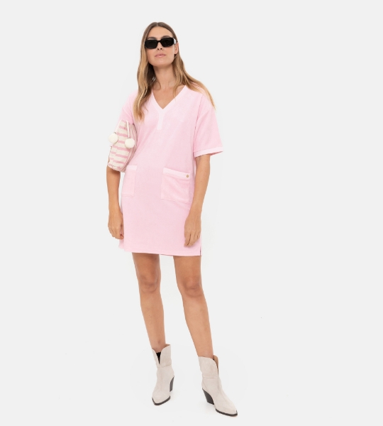 Resim V yaka cep detaylı havlu elbise-Tde - 424-Şeker Pembe