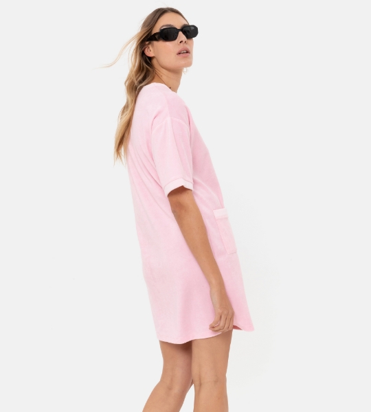 Resim V yaka cep detaylı havlu elbise-Tde - 424-Şeker Pembe