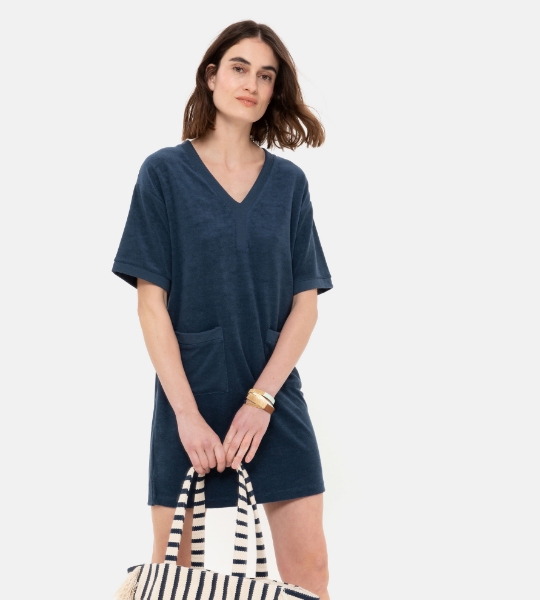 Resim V yaka cep detaylı havlu elbise-Tde - 895-Deniz Kuşu Temalı Lacivert